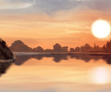 Peyzaj arka planı. Boya elementleriyle soyut sanat şablonu. Sunset Sunset arkaplan soyut afiş tasarımı doğa tarzında. Vektör illüstrasyonu.