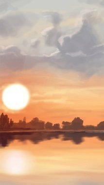 Peyzaj arka planı. Boya elementleriyle soyut sanat şablonu. Sunset Sunset arkaplan soyut afiş tasarımı doğa tarzında. Vektör illüstrasyonu.