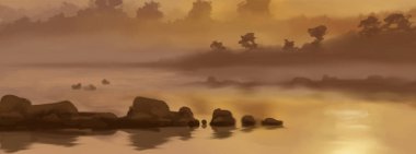 Peyzaj arka planı. Boya elementleriyle soyut sanat şablonu. Sunset Sunset arkaplan soyut afiş tasarımı doğa tarzında. Vektör illüstrasyonu.