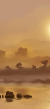 Peyzaj arka planı. Boya elementleriyle soyut sanat şablonu. Sunset Sunset arkaplan soyut afiş tasarımı doğa tarzında. Vektör illüstrasyonu.