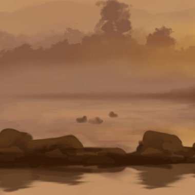 Peyzaj arka planı. Boya elementleriyle soyut sanat şablonu. Sunset Sunset arkaplan soyut afiş tasarımı doğa tarzında. Vektör illüstrasyonu.