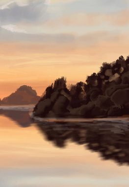 Peyzaj arka planı. Boya elementleriyle soyut sanat şablonu. Sunset Sunset arkaplan soyut afiş tasarımı doğa tarzında. Vektör illüstrasyonu.