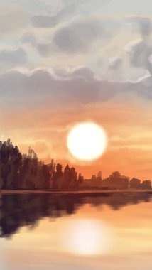 Peyzaj arka planı. Boya elementleriyle soyut sanat şablonu. Sunset Sunset arkaplan soyut afiş tasarımı doğa tarzında. Vektör illüstrasyonu.