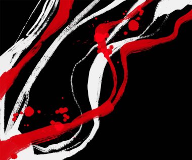 Siyah beyaz, kırmızı, fırça darbesi. Japon tarzı. Grunge dalgası lekelerinin vektör illüstrasyonu. Vektör fırçaları resimleme.