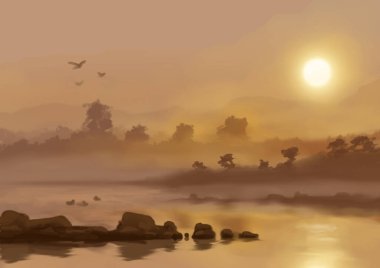 Peyzaj arka planı. Boya elementleriyle soyut sanat şablonu. Sunset Sunset arkaplan soyut afiş tasarımı doğa tarzında. Vektör illüstrasyonu.