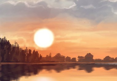 Peyzaj arka planı. Boya elementleriyle soyut sanat şablonu. Sunset Sunset arkaplan soyut afiş tasarımı doğa tarzında. Vektör illüstrasyonu.