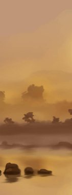 Peyzaj arka planı. Boya elementleriyle soyut sanat şablonu. Sunset Sunset arkaplan soyut afiş tasarımı doğa tarzında. Vektör illüstrasyonu.