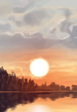 Peyzaj arka planı. Boya elementleriyle soyut sanat şablonu. Sunset Sunset arkaplan soyut afiş tasarımı doğa tarzında. Vektör illüstrasyonu.