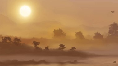 Peyzaj arka planı. Boya elementleriyle soyut sanat şablonu. Sunset Sunset arkaplan soyut afiş tasarımı doğa tarzında. Vektör illüstrasyonu.