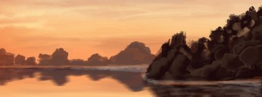 Peyzaj arka planı. Boya elementleriyle soyut sanat şablonu. Sunset Sunset arkaplan soyut afiş tasarımı doğa tarzında. Vektör illüstrasyonu.