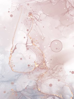 Yumuşak mercan ve altın renginde yüksek kalite alkol mürekkebi. Vektör soyut resim. Düğün dekorasyonu. Mercan, altın parıltılı elementlerle boyanmış. Yumuşak sıvı akışı.