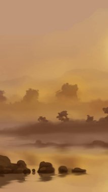 Peyzaj arka planı. Boya elementleriyle soyut sanat şablonu. Sunset Sunset arkaplan soyut afiş tasarımı doğa tarzında. Vektör illüstrasyonu.