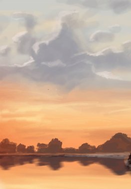 Peyzaj arka planı. Boya elementleriyle soyut sanat şablonu. Sunset Sunset arkaplan soyut afiş tasarımı doğa tarzında. Vektör illüstrasyonu.