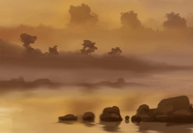 Peyzaj arka planı. Boya elementleriyle soyut sanat şablonu. Sunset Sunset arkaplan soyut afiş tasarımı doğa tarzında. Vektör illüstrasyonu.