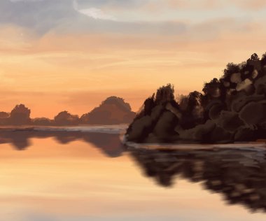 Peyzaj arka planı. Boya elementleriyle soyut sanat şablonu. Sunset Sunset arkaplan soyut afiş tasarımı doğa tarzında. Vektör illüstrasyonu.