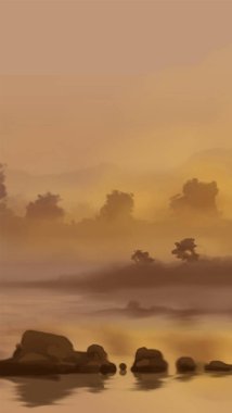 Peyzaj arka planı. Boya elementleriyle soyut sanat şablonu. Sunset Sunset arkaplan soyut afiş tasarımı doğa tarzında. Vektör illüstrasyonu.