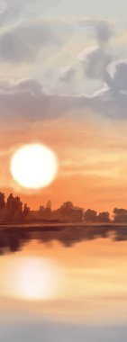 Peyzaj arka planı. Boya elementleriyle soyut sanat şablonu. Sunset Sunset arkaplan soyut afiş tasarımı doğa tarzında. Vektör illüstrasyonu.