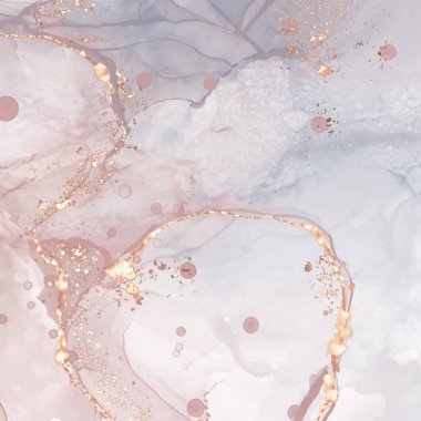 Yumuşak mercan ve altın renginde yüksek kalite alkol mürekkebi. Vektör soyut resim. Düğün dekorasyonu. Mercan, altın parıltılı elementlerle boyanmış. Yumuşak sıvı akışı.