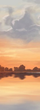 Peyzaj arka planı. Boya elementleriyle soyut sanat şablonu. Sunset Sunset arkaplan soyut afiş tasarımı doğa tarzında. Vektör illüstrasyonu.