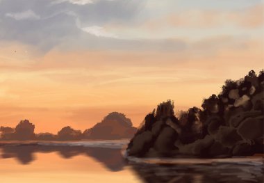 Peyzaj arka planı. Boya elementleriyle soyut sanat şablonu. Sunset Sunset arkaplan soyut afiş tasarımı doğa tarzında. Vektör illüstrasyonu.