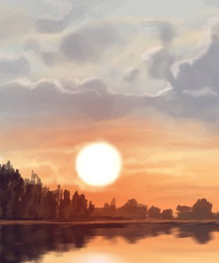 Peyzaj arka planı. Boya elementleriyle soyut sanat şablonu. Sunset Sunset arkaplan soyut afiş tasarımı doğa tarzında. Vektör illüstrasyonu.