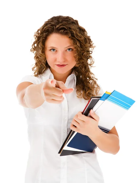 Woman pointing isolated on white background — Stock Photo, Image