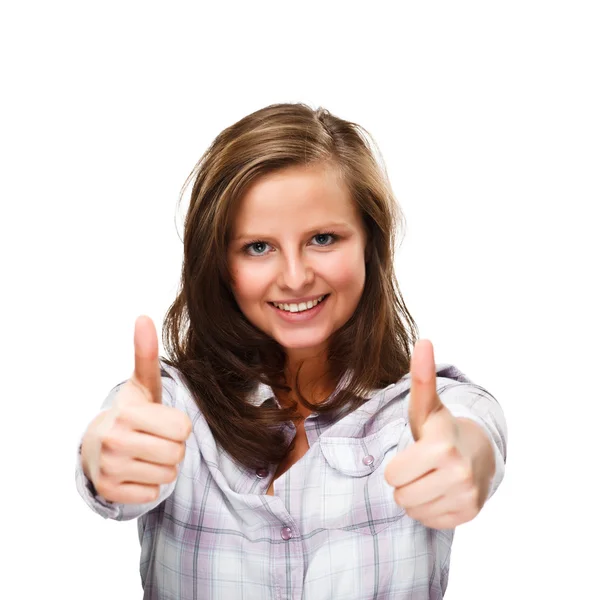 Woman showing OK sign isolated on white background — Stock Photo, Image