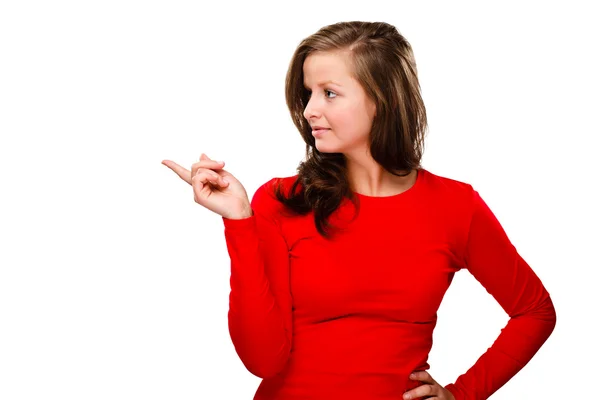 Vrouw wijzend geïsoleerd op witte achtergrond — Stockfoto