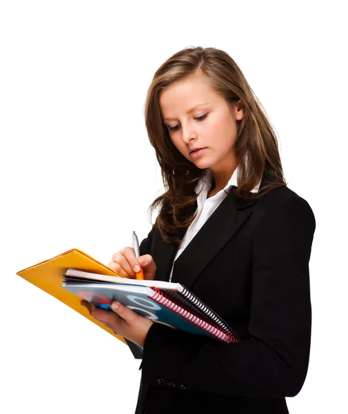 Attractive woman holding books isolated on white background — Stock Photo, Image