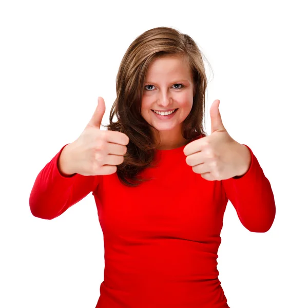 Woman showing OK sign isolated on white background — Stock Photo, Image