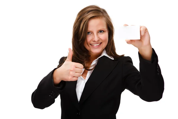 Businesswoman holding blank card — Stock Photo, Image