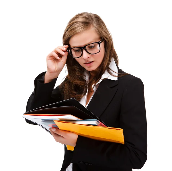 Woman holding notepad isolated on white background — Stock Photo, Image