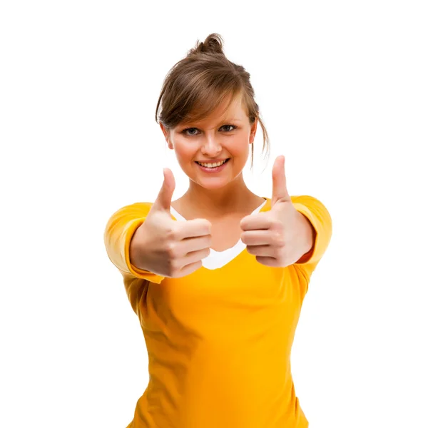 Woman showing OK sign isolated on white background — Stock Photo, Image