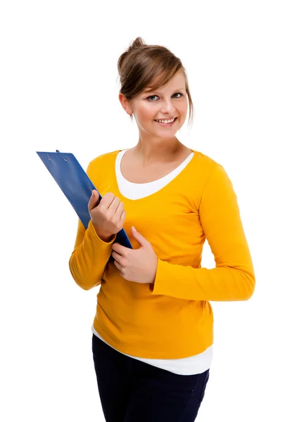 Woman holding notepad isolated on white background — Stock Photo, Image