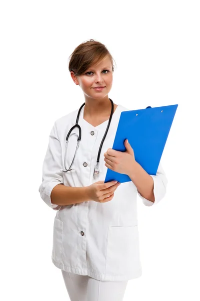 Young doctor standing isolated on white — Stock Photo, Image