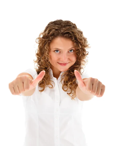 Vrouw weergegeven: ok teken geïsoleerd op witte achtergrond — Stockfoto