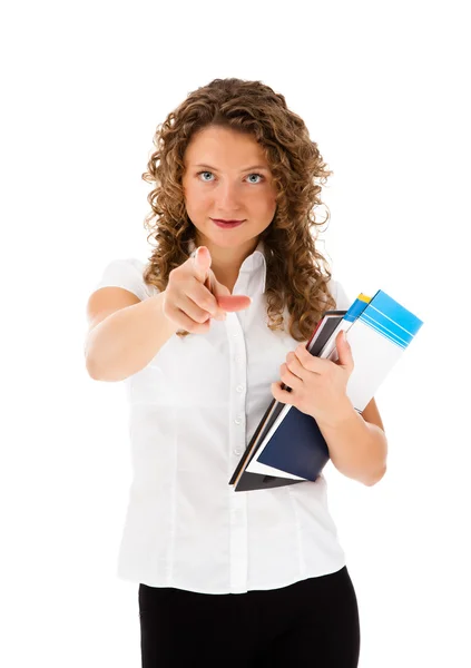 Mujer Señalando aislado sobre fondo blanco — Foto de Stock