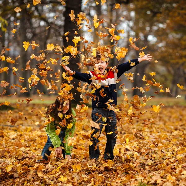 Kinder spielen im Herbstpark Stockbild