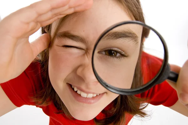 Meisje bedrijf Vergrootglas — Stockfoto