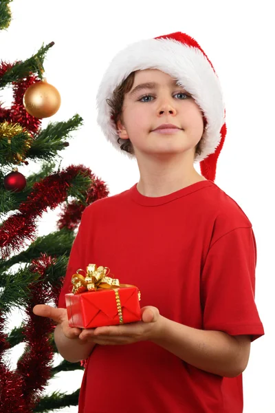 少年飾るクリスマス ツリー — ストック写真