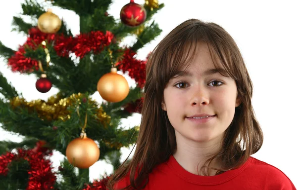 Jovem menina Santa decoração árvore de Natal — Fotografia de Stock