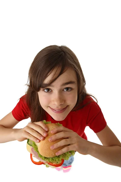 Tjej äter hälsosam smörgås — Stockfoto