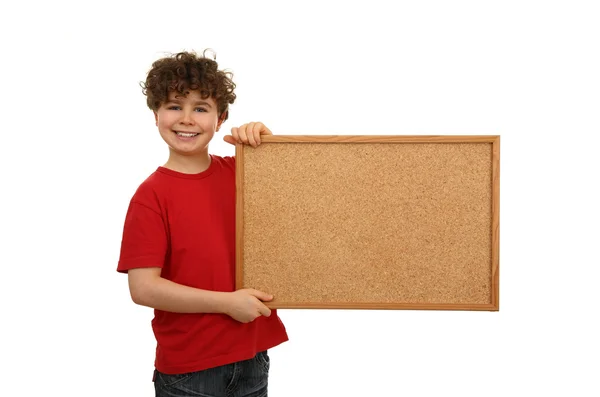 Boy holding noticeboard — Stock Photo, Image