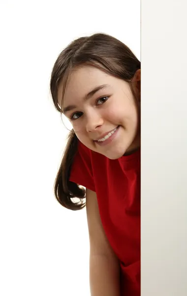 Beautiful girl with empty board — Stock Photo, Image