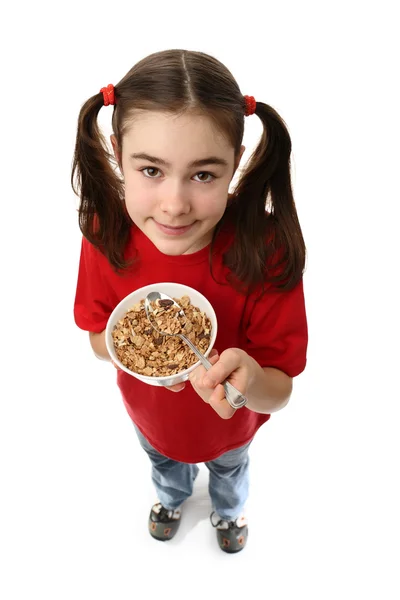 Dziewczynka gospodarstwa miska musli — Zdjęcie stockowe