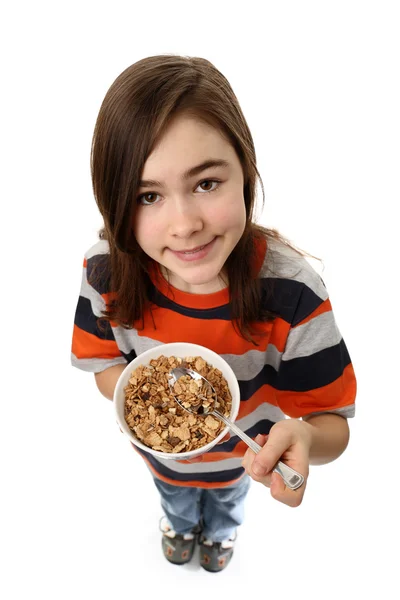 Girl holding bowl of muesli — Stock Photo, Image