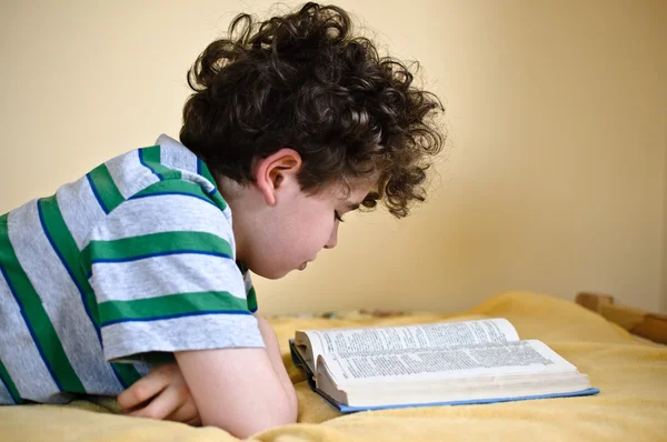 Menino livro de leitura em casa — Fotografia de Stock