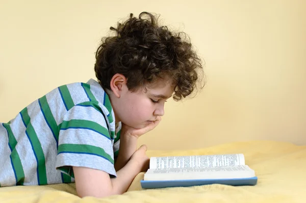 Menino livro de leitura em casa — Fotografia de Stock