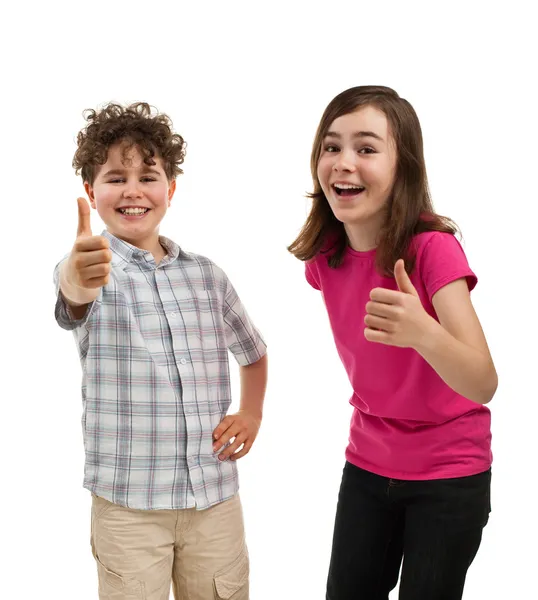 Menino e menina mostrando polegares para cima sinal — Fotografia de Stock