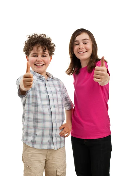 Muchacho y chica mostrando pulgares hacia arriba signo — Foto de Stock